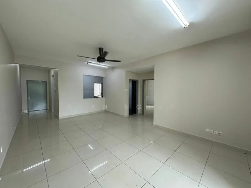 Living features: white painted walls, glossy ceramic tile flooring, 5-blade ceiling fan with light, recessed ceiling lights, large windows with no treatments, open layout, neutral color scheme, corner entry door, doorway leading to another room; style: modern.