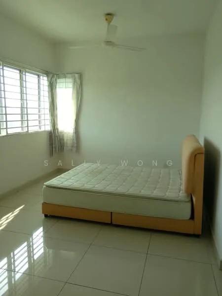 Bedroom features: queen-size bed frame without mattress, white painted walls, white ceiling, 5-blade ceiling fan, floor-to-ceiling windows, curtains, glossy tile flooring, natural light from windows; style: minimalist.