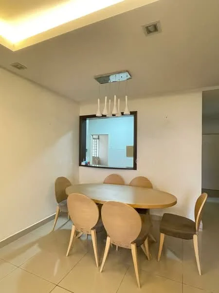 Dining features: round dining table, 6 wooden dining chairs, pendant light fixture with multiple bulbs, white painted walls, tile flooring, large mirror on wall, recessed ceiling lights; style: modern.