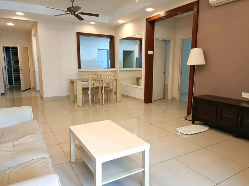 Living features: white leather sofa, coffee table, ceiling fan, wall-mounted air conditioning unit, tile flooring, neutral painted walls, large mirror, dining table with four chairs, decorative lamp, built-in cabinetry; style: modern.