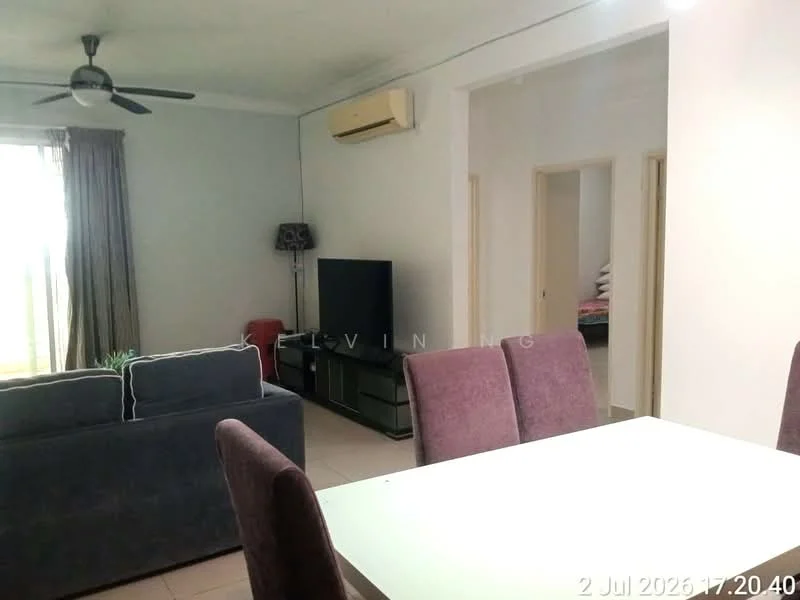 Living features: 3-seater fabric sofa in dark blue, 2-seater dining table with white top, 4 upholstered dining chairs in purple, wall-mounted TV, TV console in black, floor-to-ceiling windows with sheer curtains, ceiling fan, wall-mounted split AC, light-colored walls, tile flooring, decorative plant in pot; style: modern; view: garden.