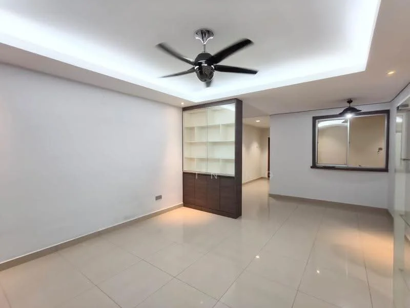 Living features: white painted walls, recessed ceiling with LED lighting, ceiling fan with light, glossy tile flooring, built-in shelving unit, large window, neutral color palette, open layout; style: modern.