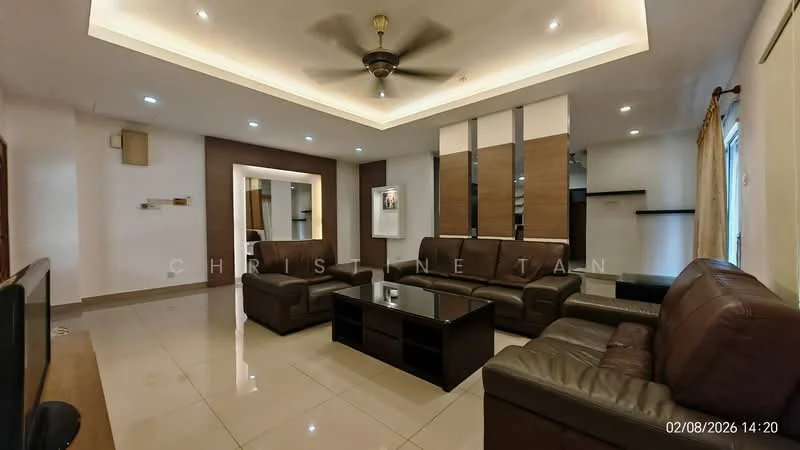 Living features: 3-seater leather sofa in brown, 2-seater leather sofa in brown, coffee table with glass top, TV console, wall-mounted TV, recessed downlights, ceiling fan with light, cream painted walls, glossy tile flooring, large window with sheer curtains, decorative mirror, wall art, built-in shelving unit; style: modern.