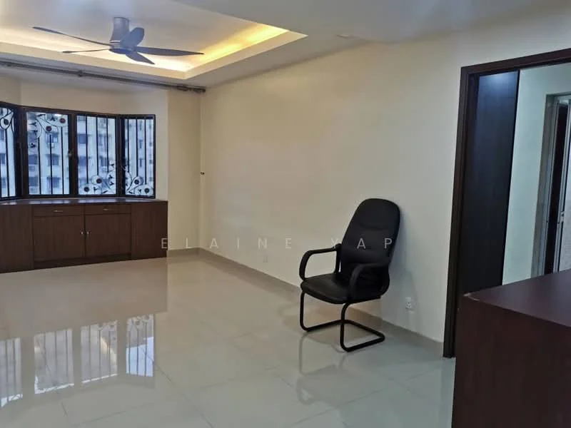 Living features: white painted walls, ceiling with recessed lighting, marble tile flooring, floor-to-ceiling windows, black office chair, wooden window frames, wooden cabinetry, light-colored ceiling, open layout; style: modern; view: city.