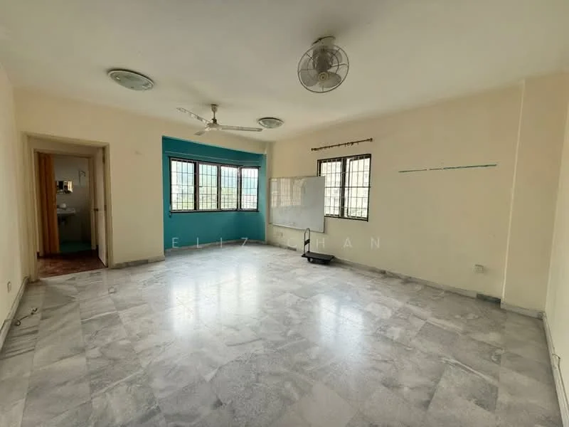 Room features: marble flooring, cream painted walls, blue accent wall, 2 ceiling fans, multiple windows, whiteboard on stand, light fixtures on ceiling, open layout; style: modern; view: city.