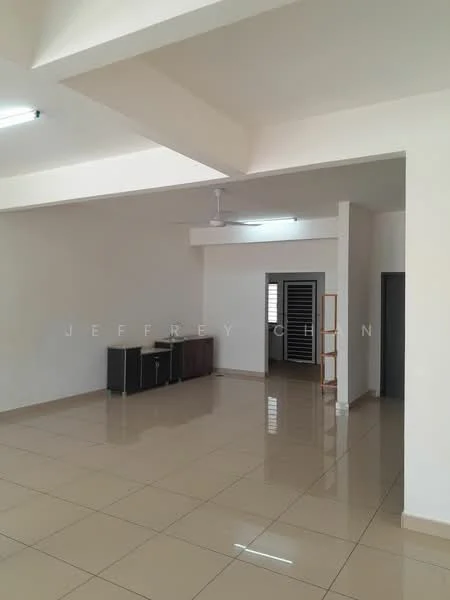 Room features: white painted walls, polished ceramic tile flooring, ceiling with recessed lighting, 5-blade ceiling fan, large windows, open layout, neutral color scheme, built-in cabinets, doorway leading to another room; style: modern.