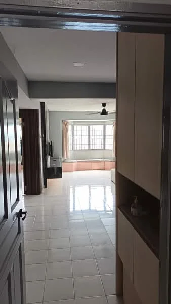 Room features: white painted walls, glossy ceramic tile flooring, ceiling fan, large windows with sheer curtains, built-in cabinetry, open layout, natural light, neutral color scheme; style: modern.
