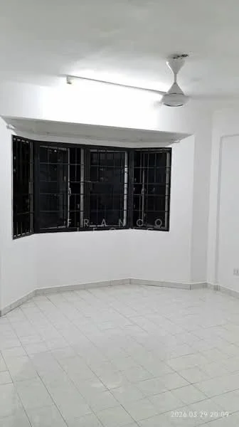 Room features: white painted walls, white ceiling, ceiling fan, black window grills, bay window, tile flooring, corner room, natural light from windows; style: minimalist.