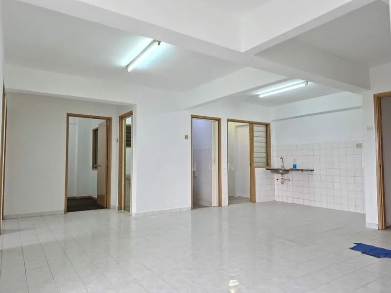 Room features: white painted walls, white tiled flooring, fluorescent ceiling lights, open layout, kitchenette with sink, doorways leading to other rooms, no visible furniture, neutral color scheme; style: modern.