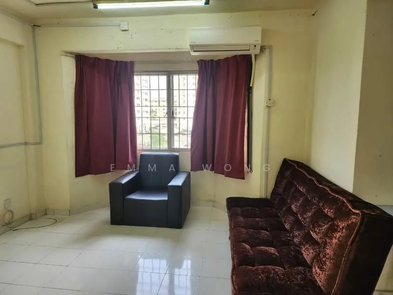 Living features: brown velvet sofa, black leather armchair, white tiled flooring, cream painted walls, floor-to-ceiling window, red curtains, wall-mounted split AC, LED ceiling light; style: modern; view: city.