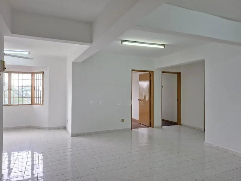 Room features: white painted walls, white ceiling, fluorescent lighting, tile flooring, large window with grid pattern, doorway leading to another room, doorway leading to hallway, open layout; style: minimalist; view: city.