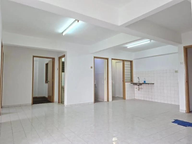 Room features: white painted walls, glossy tile flooring, fluorescent ceiling lights, open layout, kitchenette area with sink, multiple doorways, neutral color scheme, no visible furniture; style: modern.