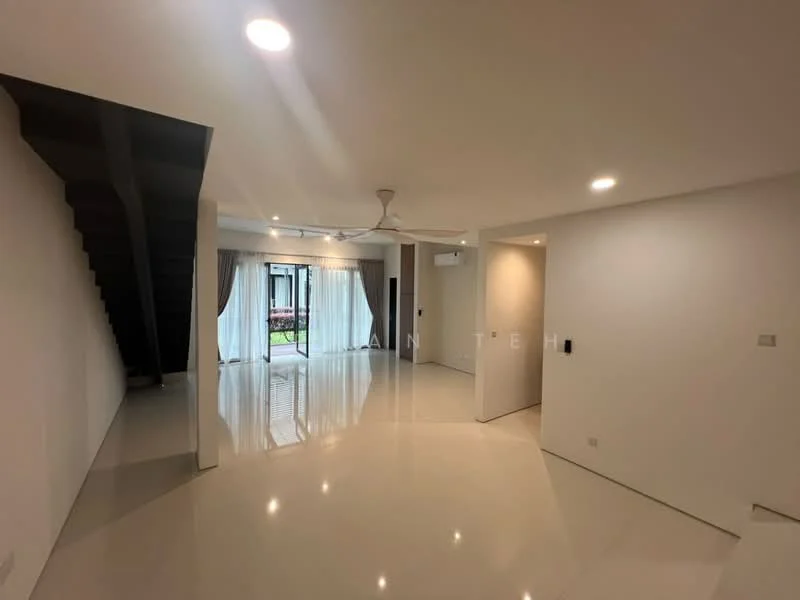 Living features: white painted walls, polished concrete flooring, 5-blade ceiling fan with light, floor-to-ceiling windows, sliding glass door, sheer curtains, recessed downlights, open layout, access to outdoor space, staircase leading to upper level; style: modern; view: garden.