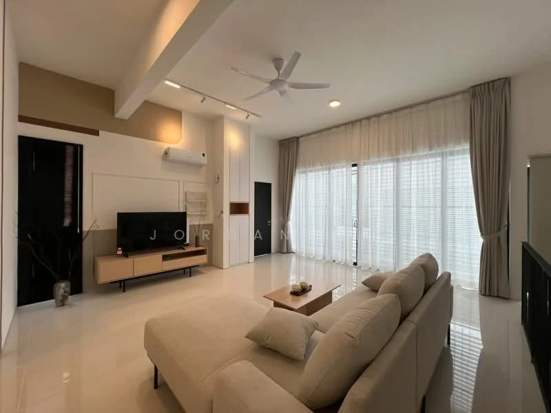 Living features: 5-blade ceiling fan with light, wall-mounted TV, TV console in light wood, cream upholstered sectional sofa, large floor-to-ceiling windows, sheer curtains, recessed downlights, white painted walls, polished ceramic tile flooring, decorative plant in pot, black door, air conditioning unit on wall; style: modern.