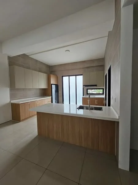 Kitchen features: white quartz countertop, wood cabinetry, built-in oven, microwave, stainless-steel fridge, single-bowl stainless-steel sink, chrome pull-down faucet, tile flooring, recessed downlights, sliding glass door, pantry, island with seating, high ceilings, neutral wall tiles; style: modern.