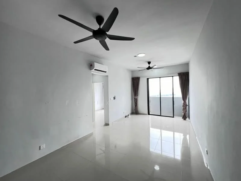 Living features: white painted walls, glossy ceramic tile flooring, 5-blade ceiling fan with light, floor-to-ceiling sliding glass door, curtains, air conditioning unit, recessed ceiling lights; style: modern; view: city.