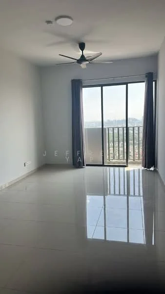 Living features: grey painted walls, polished ceramic tile flooring, 5-blade ceiling fan with light, floor-to-ceiling sliding glass door, curtains, city view, recessed ceiling lights; style: modern; view: city.