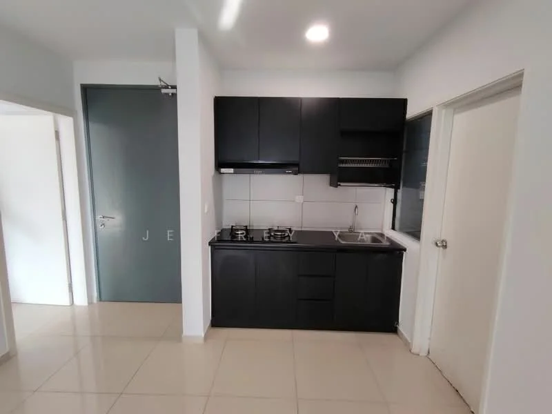 Kitchen features: black cabinetry, stainless-steel sink, chrome pull-down faucet, gas stove with 4 burners, built-in oven, white tiled backsplash, grey countertop, recessed downlights, floor-to-ceiling cabinet, ceramic tile flooring; style: modern.