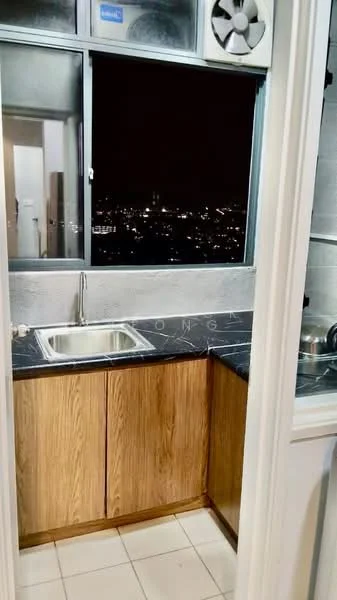 Kitchen features: stainless-steel sink, wood cabinetry, black countertop, tile flooring, window with city view, exhaust fan, built-in appliances, wall-mounted storage; style: modern; view: city.