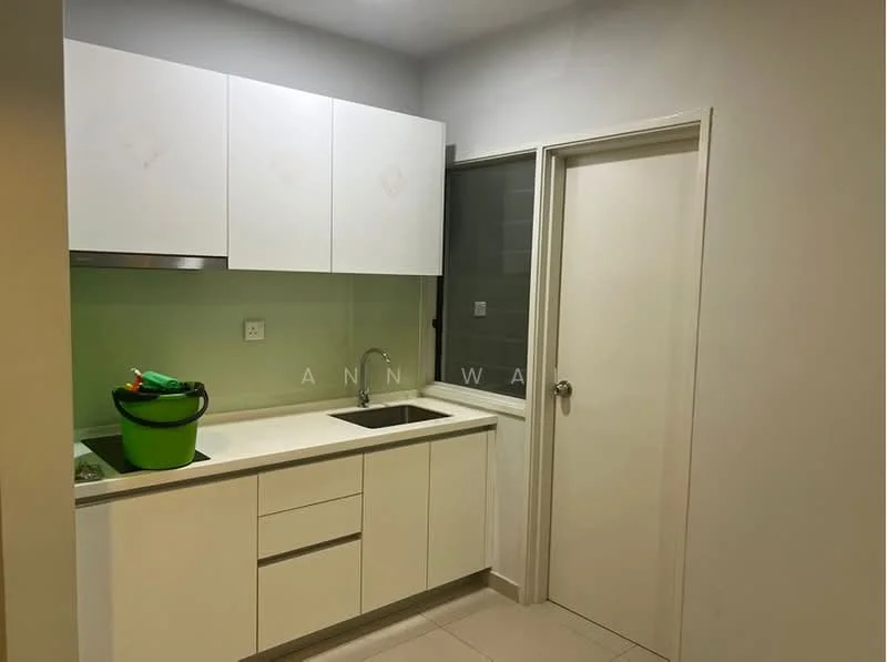 Kitchen features: white cabinetry, single-bowl stainless-steel sink, chrome pull-down faucet, white countertop, green backsplash, built-in oven, ceramic tile flooring, wall-mounted cabinets, door leading to another room; style: modern.