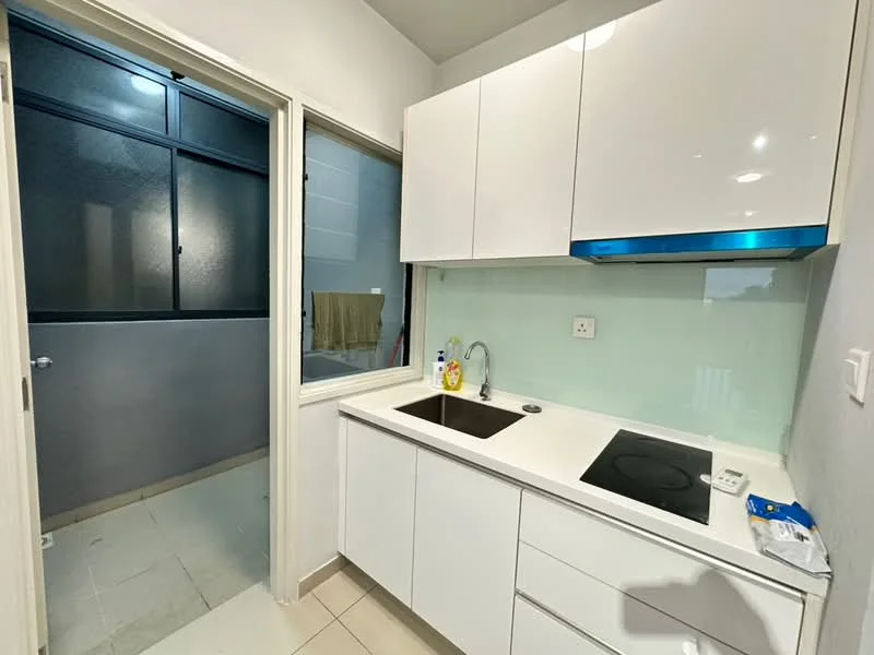 Kitchen features: white flat-panel cabinets, single-bowl stainless-steel sink, chrome pull-down faucet, glass backsplash, built-in induction cooktop, countertop with smooth surface, under-cabinet lighting, tile flooring; style: modern. Room features: glass window with black frame, laundry area visible, tiled flooring.