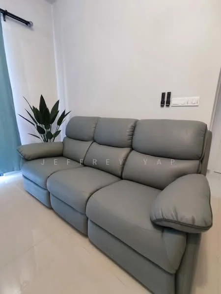 Living features: 3-seater leather sofa in grey, floor-to-ceiling window with sheer curtains, plant in ceramic pot, light-colored wall, glossy tile flooring; style: modern.
