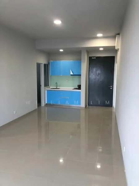 Living features: grey painted walls, glossy beige tile flooring, recessed downlights, kitchenette with blue cabinetry, single-bowl stainless-steel sink, built-in countertop, open layout, doorway leading to another room; style: modern.