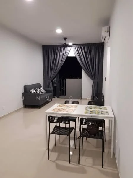 Living features: grey fabric sofa, 4-seater dining table, black dining chairs, light beige tiled flooring, white painted walls, ceiling fan, curtains in dark grey, air conditioning unit, floor-to-ceiling windows with balcony access; style: modern; view: city.
