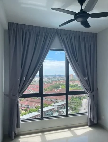 Room features: floor-to-ceiling windows, grey curtains, city view, ceiling fan, light-colored walls, neutral flooring, natural light, window sill; style: modern; view: city.