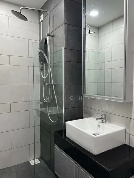 Bathroom features: walk-in shower with glass enclosure, rain shower head, handheld shower, white ceramic sink, chrome basin mixer faucet, black countertop, grey tiled walls, white tiled flooring, backlit mirror, recessed ceiling lights; style: modern.
