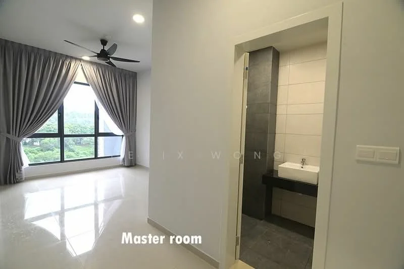 Bedroom features: floor-to-ceiling windows, grey curtains, 5-blade ceiling fan, white painted walls, polished tile flooring, mountain view; style: modern; view: mountain. Bathroom features: single-bowl sink, chrome basin mixer, grey tile cladding, white wall tiles, mirror, toilet, shower area; style: modern.