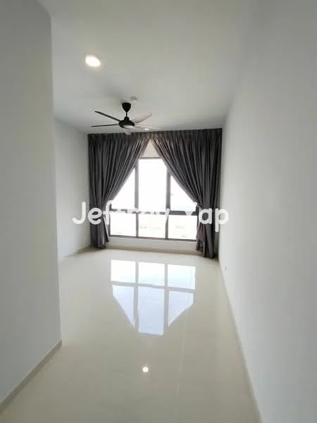 Room features: white painted walls, glossy tile flooring, 5-blade ceiling fan, floor-to-ceiling windows, sheer curtains; style: modern; view: city.