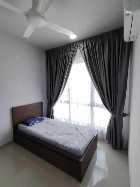 Bedroom features: single bed, upholstered headboard, grey curtains, floor-to-ceiling windows, white walls, ceiling fan, wall-mounted split AC, polished tile flooring; style: modern.