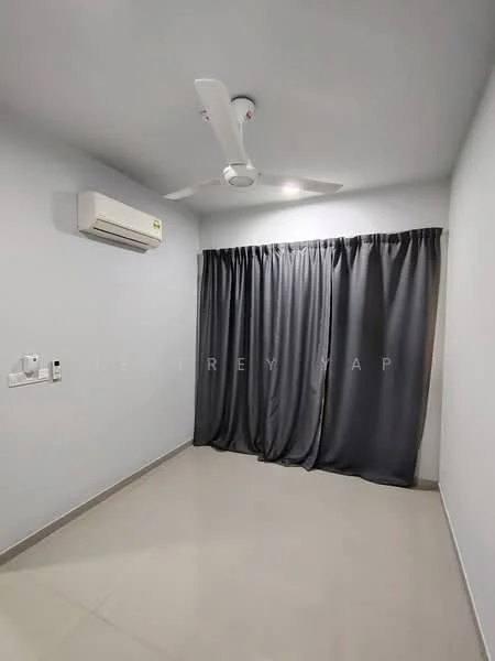 Room features: grey curtains, white painted walls, ceiling fan, wall-mounted split AC, tile flooring, light fixtures, electrical outlets, switch panels; style: modern.