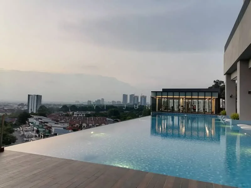 Exterior type: high-rise condominium; features: infinity pool, pool deck with loungers, glass curtain wall, surrounded by city skyline, manicured landscaping, modern architecture; style: modern.