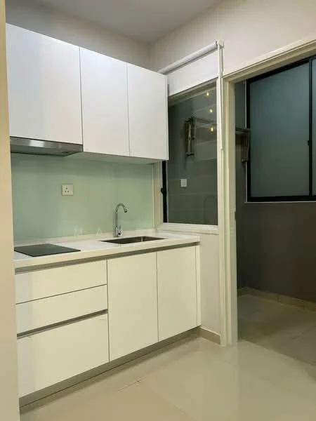 Kitchen features: white cabinetry, stainless-steel sink, chrome pull-down faucet, built-in stove, glass backsplash, under-cabinet lighting, countertop with smooth surface, tile flooring; style: modern. Room features: window with black frame, grey wall, tile flooring.