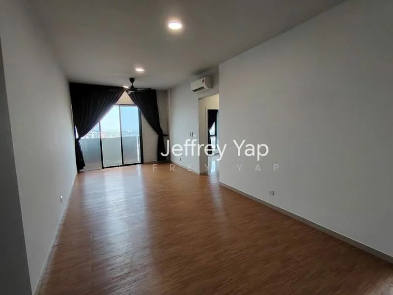 Living features: white painted walls, laminate flooring, 5-blade ceiling fan with light, floor-to-ceiling windows, blackout curtains, air conditioning unit, open layout, natural light; style: modern; view: city.