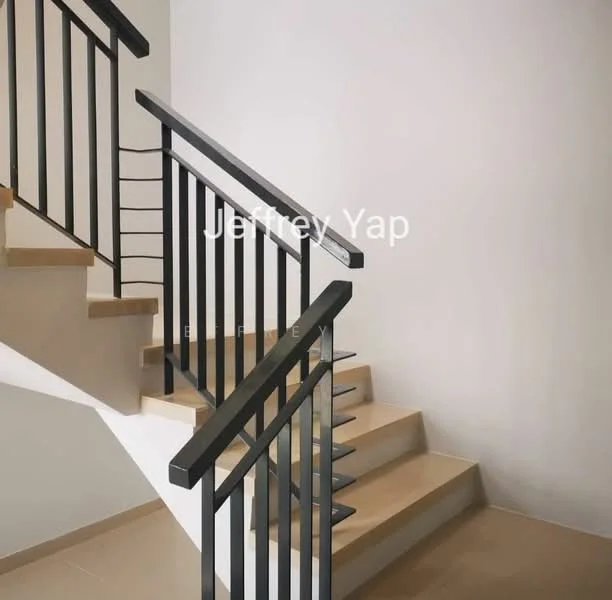 Room features: staircase with metal railing, light beige tiled flooring, white painted walls, open riser stairs, natural light from upper level; style: modern.