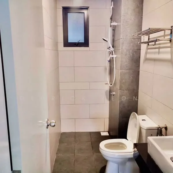 Bathroom features: white tiled walls, grey tiled flooring, walk-in shower with glass partition, chrome shower head, handheld shower, toilet, wall-mounted towel rack, small window, sink with chrome faucet; style: modern.