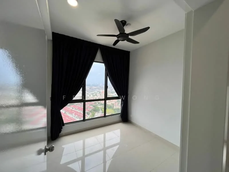 Room features: floor-to-ceiling windows, blackout curtains, 5-blade ceiling fan, white painted walls, glossy tile flooring, city view, neutral color scheme; style: modern; view: city.