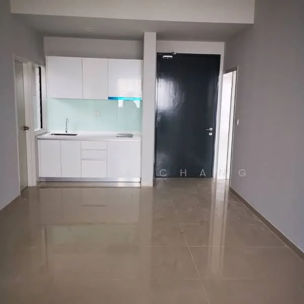 Room features: white cabinetry, light blue backsplash, single-bowl stainless-steel sink, chrome pull-down faucet, white countertop, built-in kitchen appliances, grey painted walls, glossy tile flooring, door with black finish, large window for natural light; style: modern.