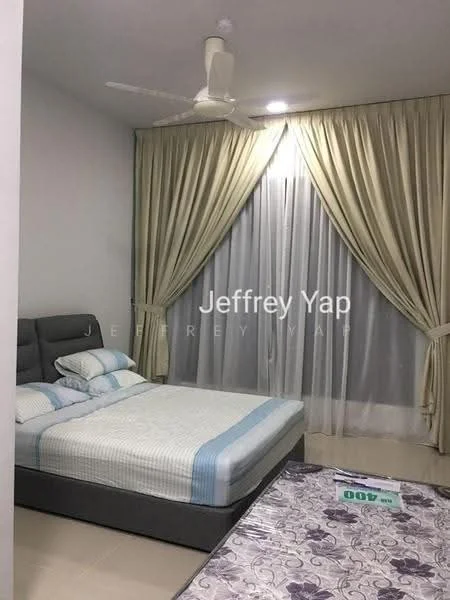 Bedroom features: king-size bed, upholstered headboard, bedside lamps, floor-to-ceiling windows, sheer curtains, blackout curtains, ceiling fan, light-colored walls, tile flooring; style: modern.