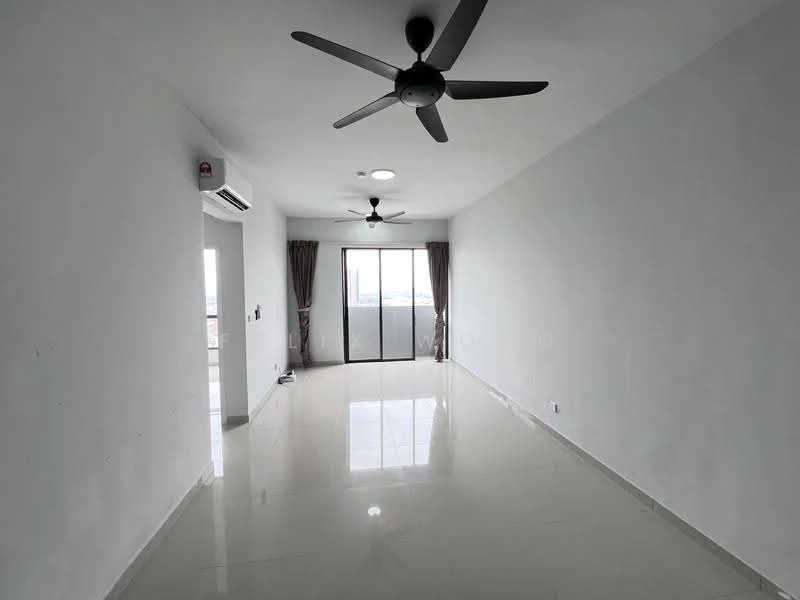Living features: white painted walls, polished ceramic tile flooring, 2 ceiling fans, floor-to-ceiling sliding glass door, sheer curtains, recessed downlights, air conditioning unit, balcony view; style: modern; view: city.