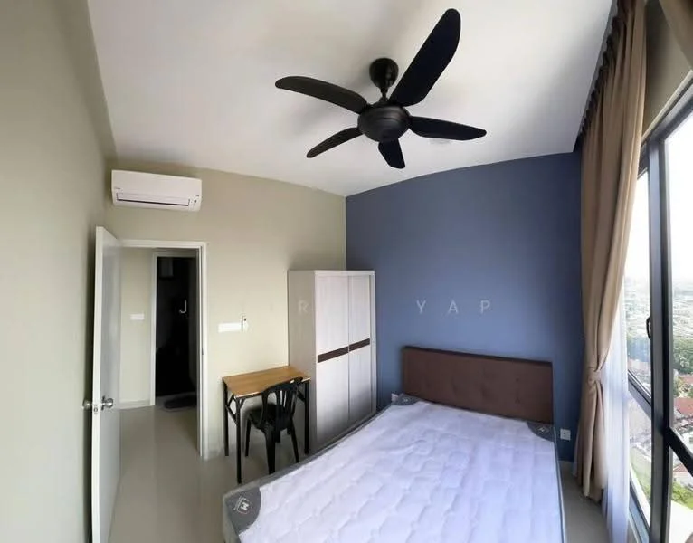 Bedroom features: king-size bed, upholstered headboard, 2 bedside lamps, built-in wardrobe with sliding doors, study desk with chair, floor-to-ceiling windows, curtains, 5-blade ceiling fan, wall-mounted split AC, cream painted walls, blue accent wall, tile flooring; style: modern; view: city.