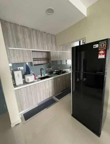 Kitchen features: laminate cabinetry in wood finish, black refrigerator, stainless-steel sink, chrome pull-down faucet, ceramic tile backsplash, built-in oven, 4-burner gas hob, countertop with grey surface, under-cabinet lighting, open shelving, tile flooring, wall-mounted microwave, kitchen island, window with natural light; style: modern.
