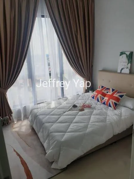 Bedroom features: king-size bed, upholstered headboard, white bedding, decorative throw pillows with Union Jack pattern, floor-to-ceiling windows, sheer curtains, brown drapes, area rug with geometric pattern, wall-mounted artwork, light-colored walls, wooden flooring; style: modern; view: city.