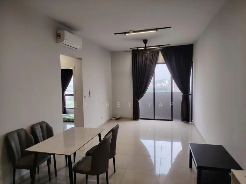 Living features: white painted walls, glossy tile flooring, 5-blade ceiling fan with light, floor-to-ceiling windows, sheer curtains, blackout curtains, dining table with marble top, 4 upholstered dining chairs, small black side table, air conditioning unit; style: modern; view: city.