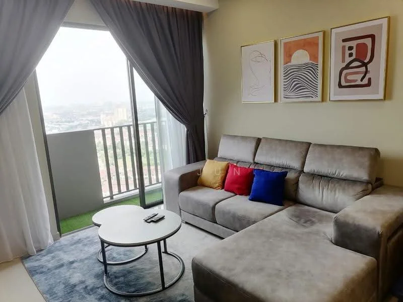 Living features: L-shape sectional sofa in grey, decorative cushions in red, blue, and yellow, round coffee table with white top and black base, area rug with neutral color, floor-to-ceiling windows, curtains in dark grey, wall-mounted artwork in three frames, greenery visible outside the window; style: modern; view: city.