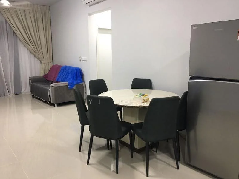 Dining features: round dining table, 6 upholstered dining chairs in grey, stainless-steel fridge, grey fabric sofa, light grey walls, cream curtains, polished tile flooring, air conditioning unit on wall; style: modern.