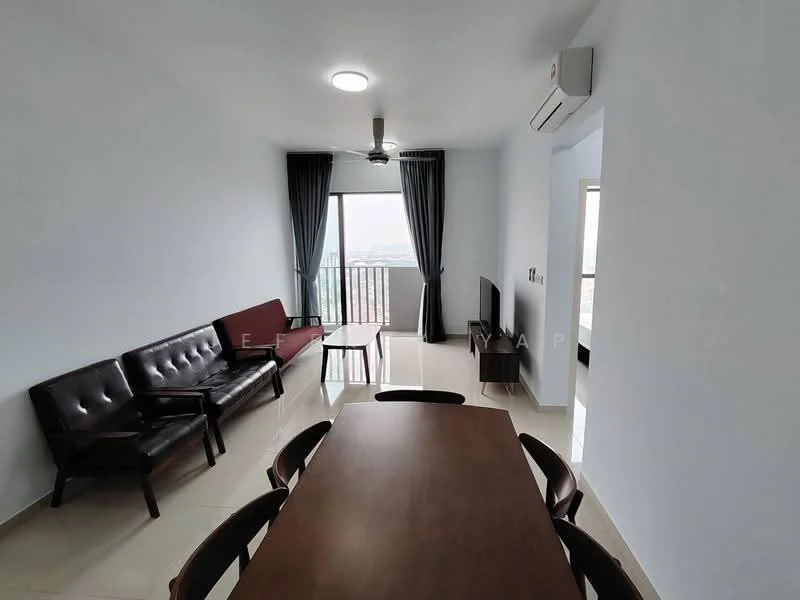 Living features: 5-blade ceiling fan with light, wall-mounted TV, 3-seater leather sofa in dark brown, 2-seater fabric sofa in dark brown, wooden dining table, 4 dining chairs, floor-to-ceiling windows, curtains in dark grey, cream tiled flooring, white painted walls, air conditioning unit on wall; style: modern; view: city.